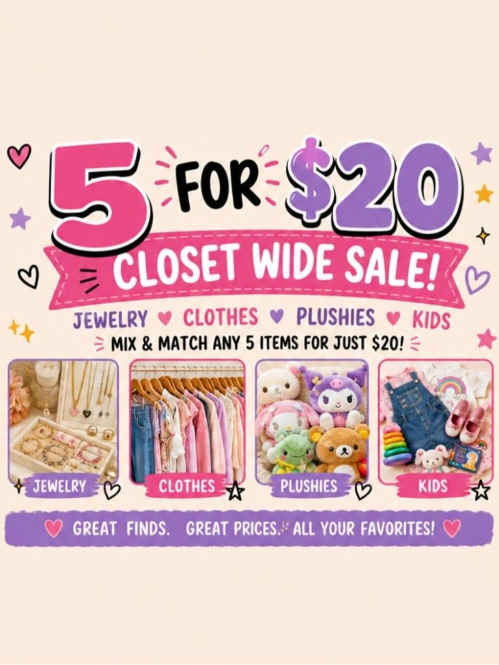 💖 5 for $20 Closet Wide Sale! 💖  Mix & Match Your Favorites!